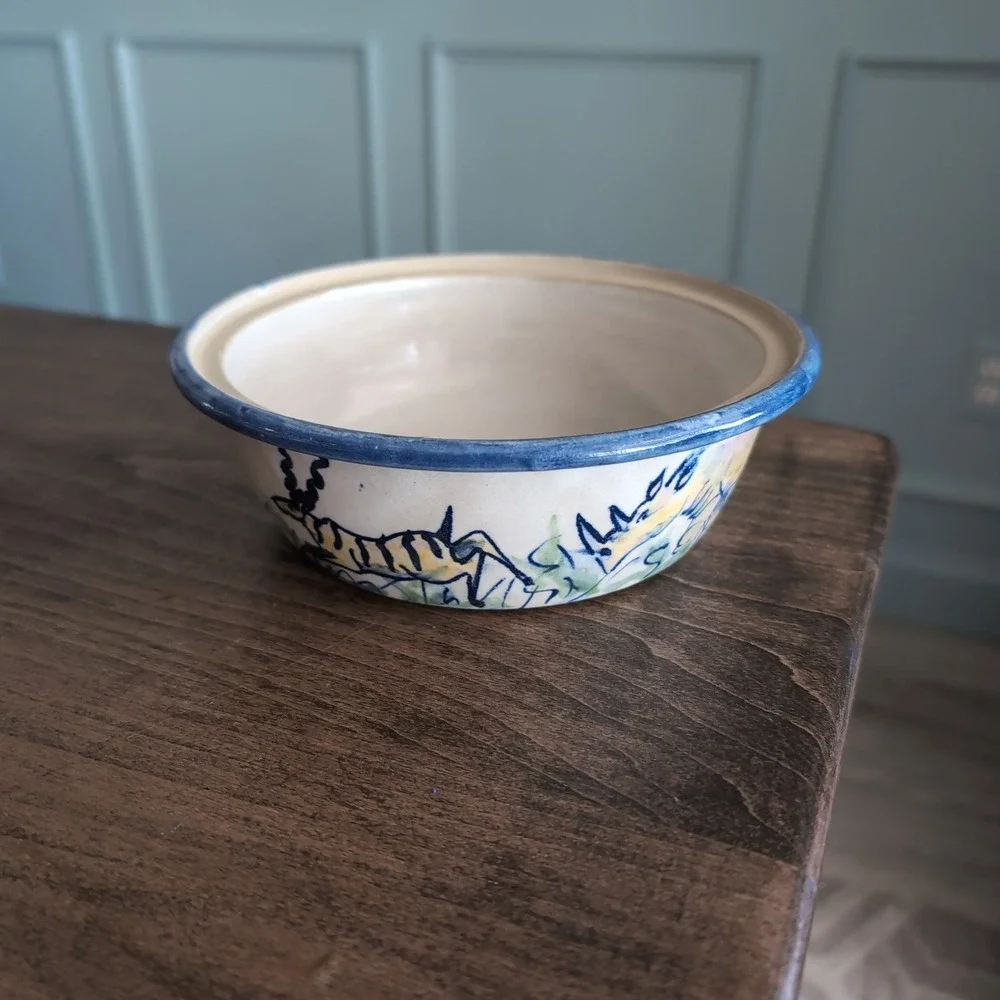 Hand Painted African Safari Pottery Bowl Zebra Elephant Antelope Blue Rim Tribal